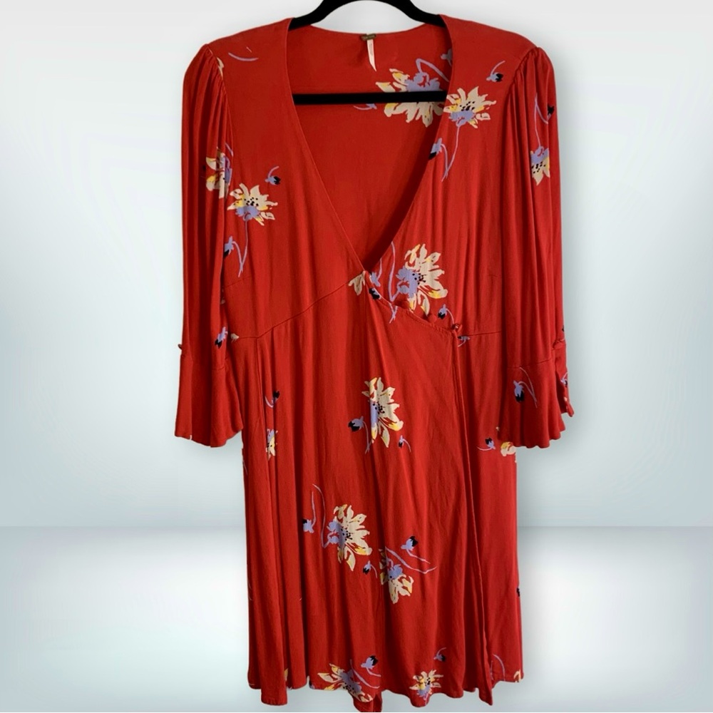 Free People Time On My Side Red Floral Wrap Mini Dress, size M - Picture 3 of 14